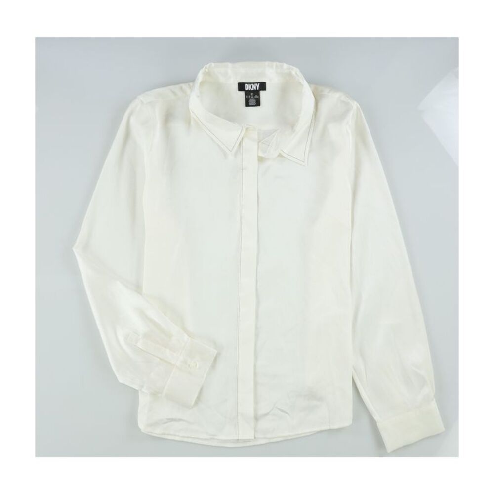 DKNY Womens Contrast Stitch Button Down Blouse, Off-White, XL, DM